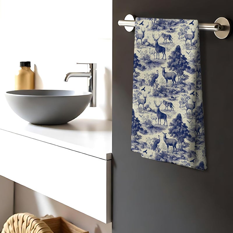 Nipil Blue Chinoiserie Forest Animal Deer and Bird Print Decor Hand Towels,Blue and White Farmhouse Animal Decorative Hand Towel for Bath Room Washroom Restroom, 16x24 Inch - Image 3
